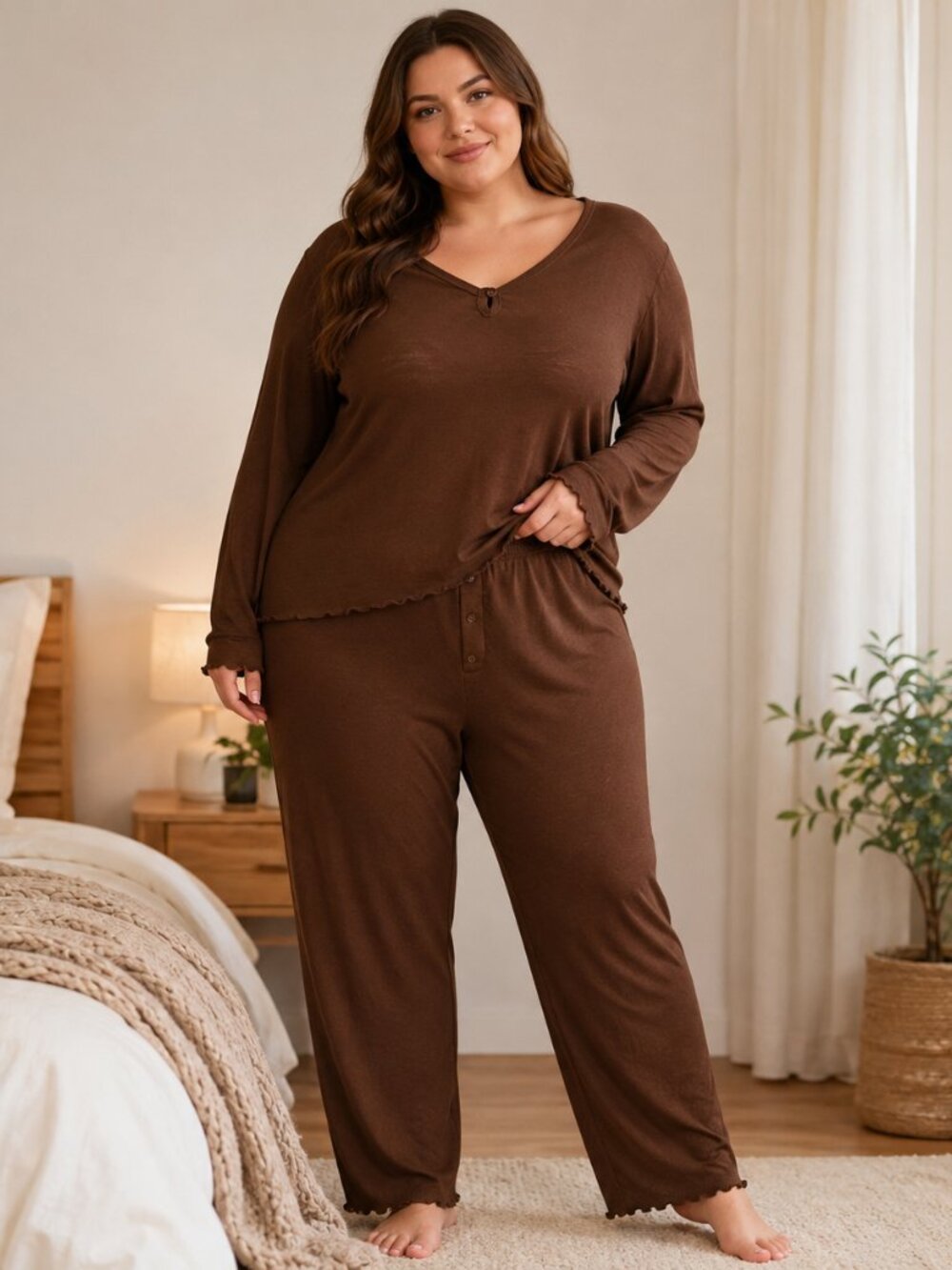 Old Navy XL Chocolate Brown Lounge/Pajama Set Lettuce Hem Top & Pants